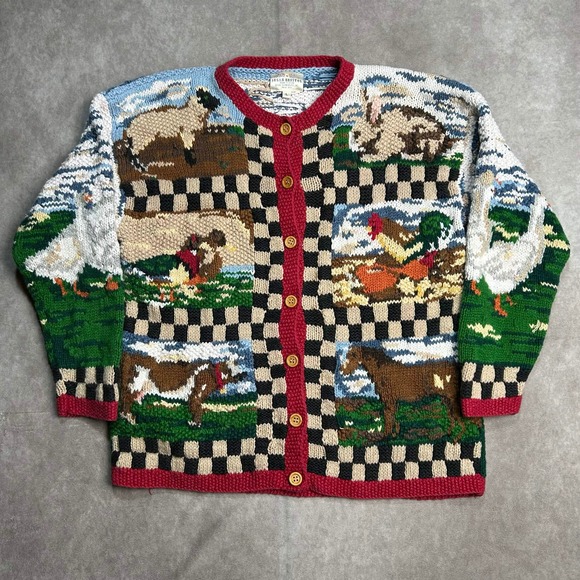 Sweaters - Susan Bristol Vintage 1995 Hand Knit Farm Animal Cardigan Sweater Womens Large